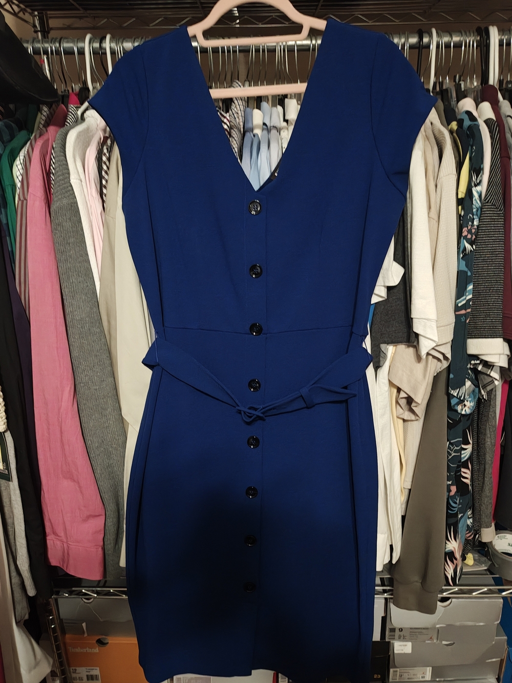 Express Royal Blue V-Neck Button-Front Midi Dress with Waist Tie